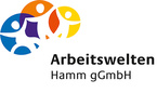 Das "Arbeitswelten"-Logo besteht aus drei Figuren in sich überschneidenden Kreisen in den Farben Blau, Orange und Gelb, darunter der Firmenname "Arbeitswelten Hamm gGmbH" in schwarzer Schrift.