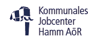 Das Logo des Kommunalen Jobcenters Hamm AÖR zeigt einen stilisierten Glaselefanten und den Text "Kommunalales Jobcenter Hamm AÖR" in Blau.