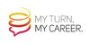 Ein Logo für "My Turn. My Career" zeigt eine stilisierte Sprechblase mit einem spiralförmigen Design in Orange, Gelb und Rosa, begleitet vom Text in Schwarz.